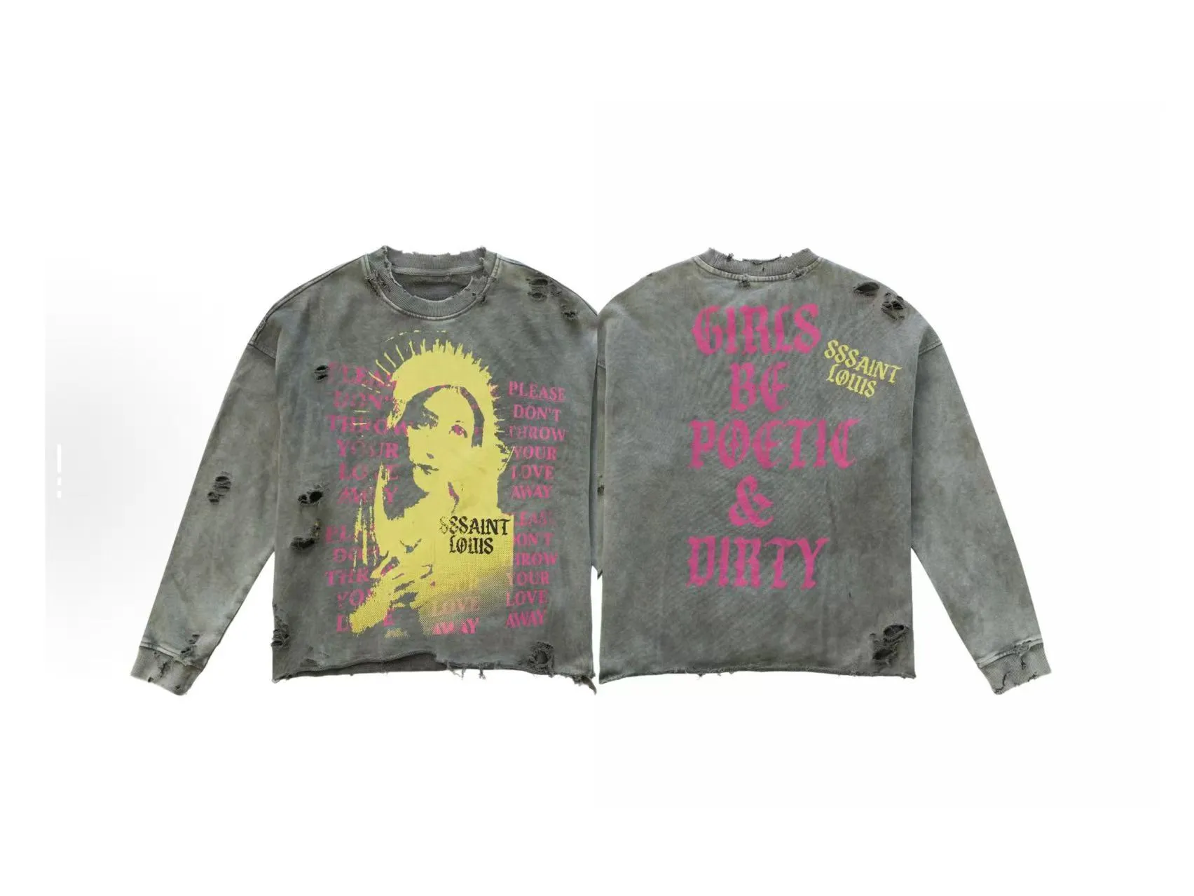 Ready stock {terry} ST752 style, washed gray p240 SSSAINT LOUIS 25SS heavy industry saint old washed round neck sweatshirt, same style for men and women, size S-M-L-XL